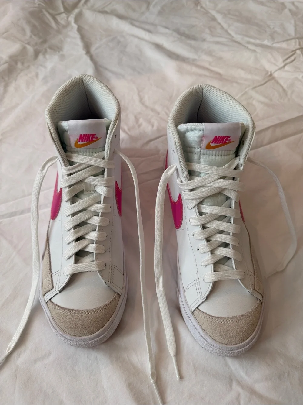 Nike Blazers High-Top Sneakers with Pink Swoosh Accents and Yellow “Nike”